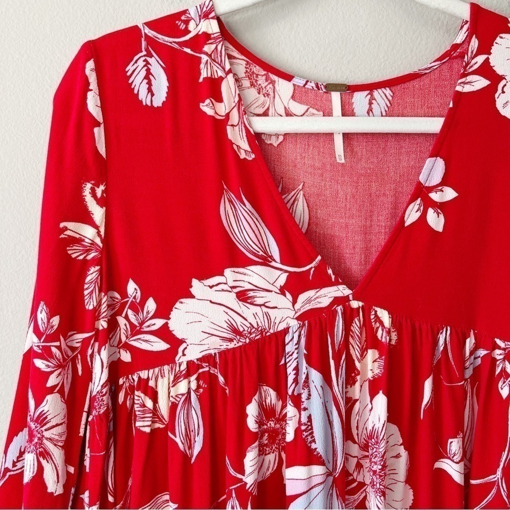 Free People Bella Floral Print V-Neck Tunic Dress Red Boho Size XS - Picture 7 of 13